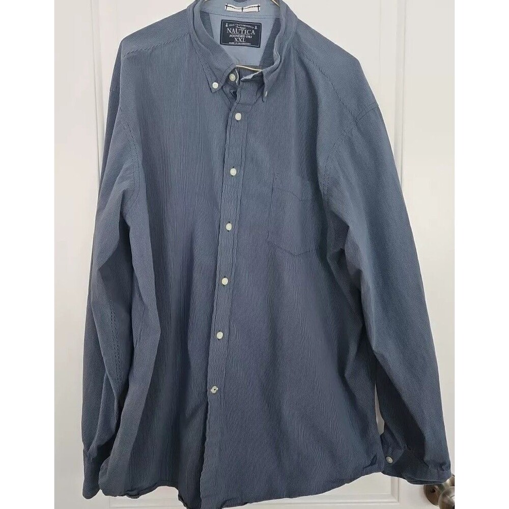 NAUTICA Button Down Shirt Pocket Blue W/slim White Stripes, Mens‎  XXL, Preppy